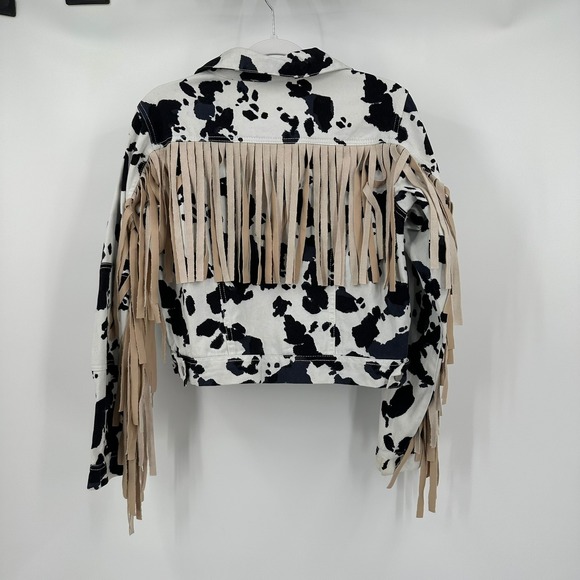 Women Western Cowprint Jacket Size S Fringe Rodeo Statement Cropped Bold Cowgirl - Picture 2 of 8